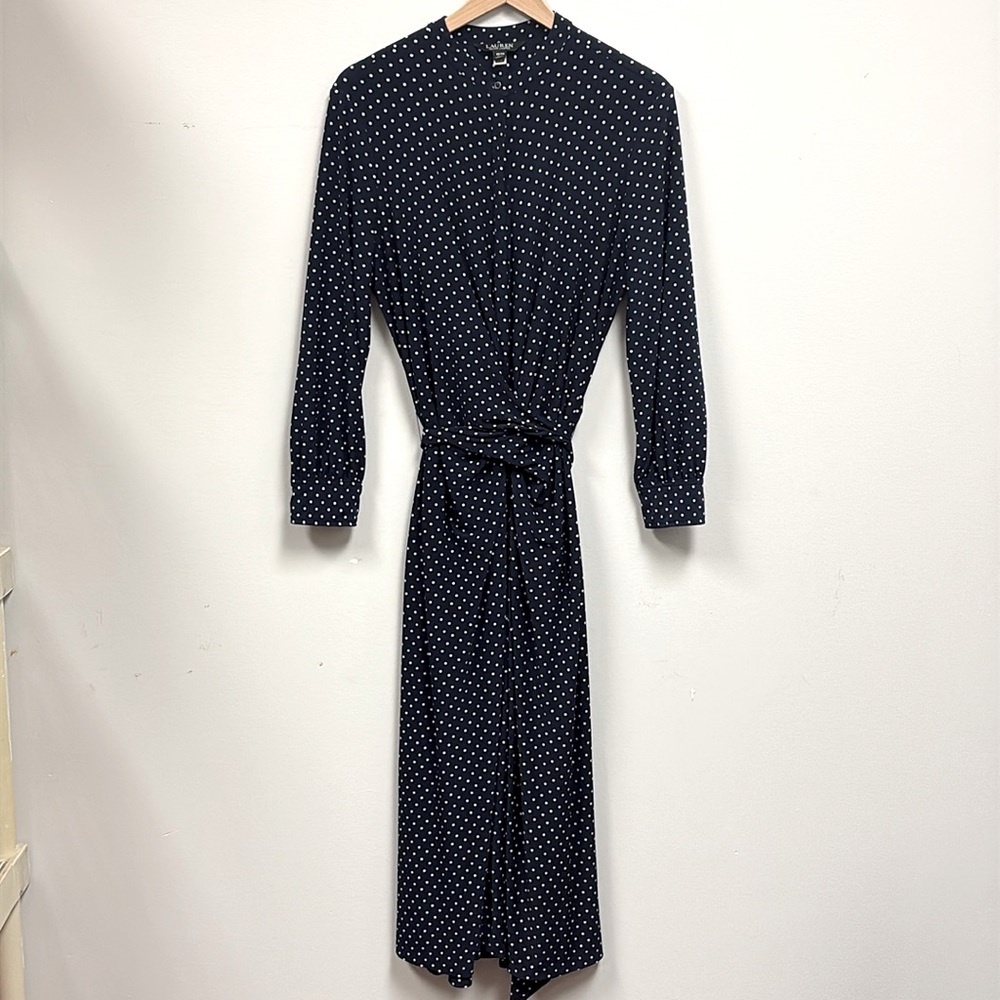 Lauren by Ralph Lauren Women’s Polka Dot Jersey Shirt Dress, Navy/White, Size 1X